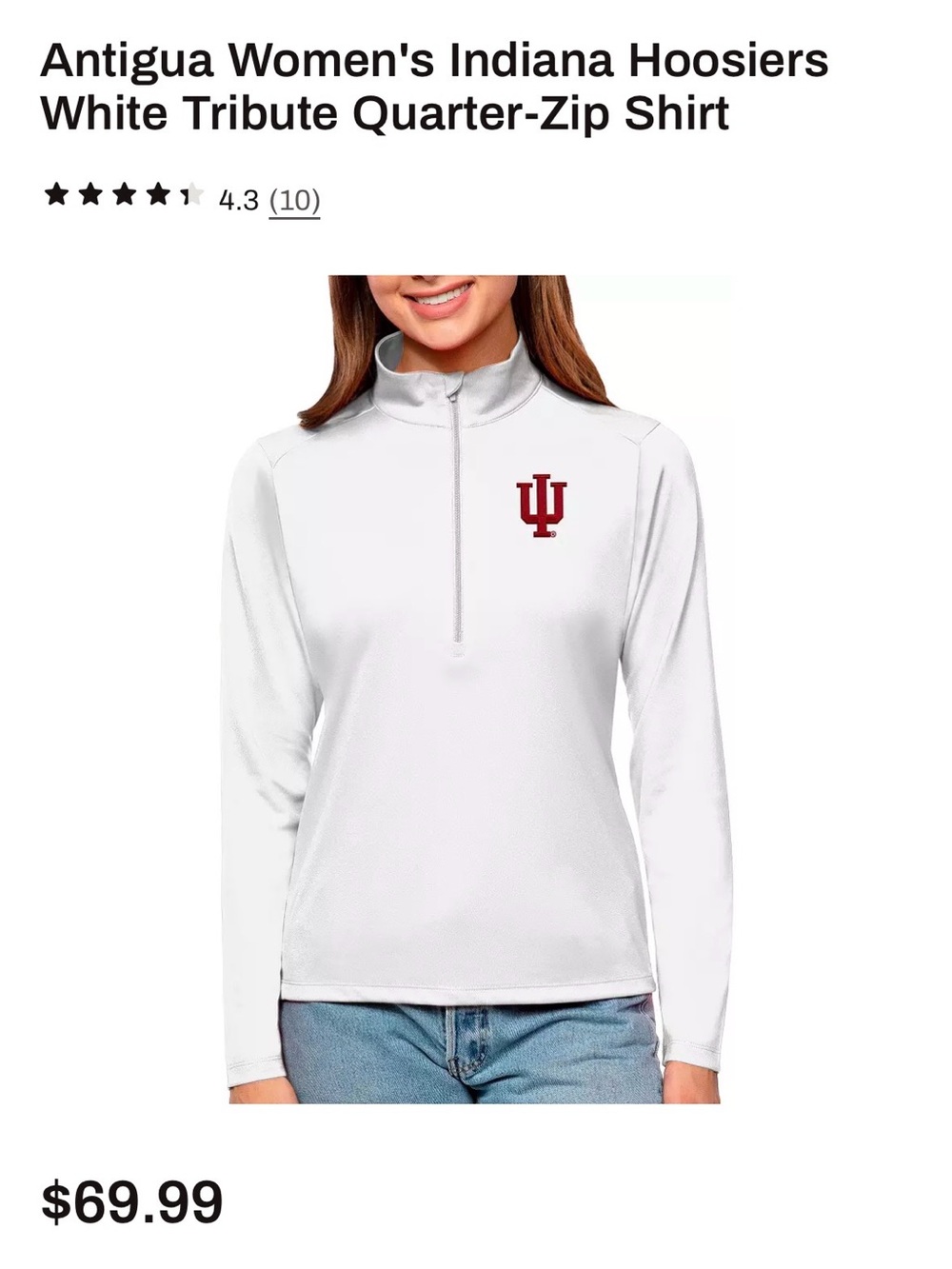Antigua Women's Indiana Hoosiers White Quarter-Zip Pullover SZ S